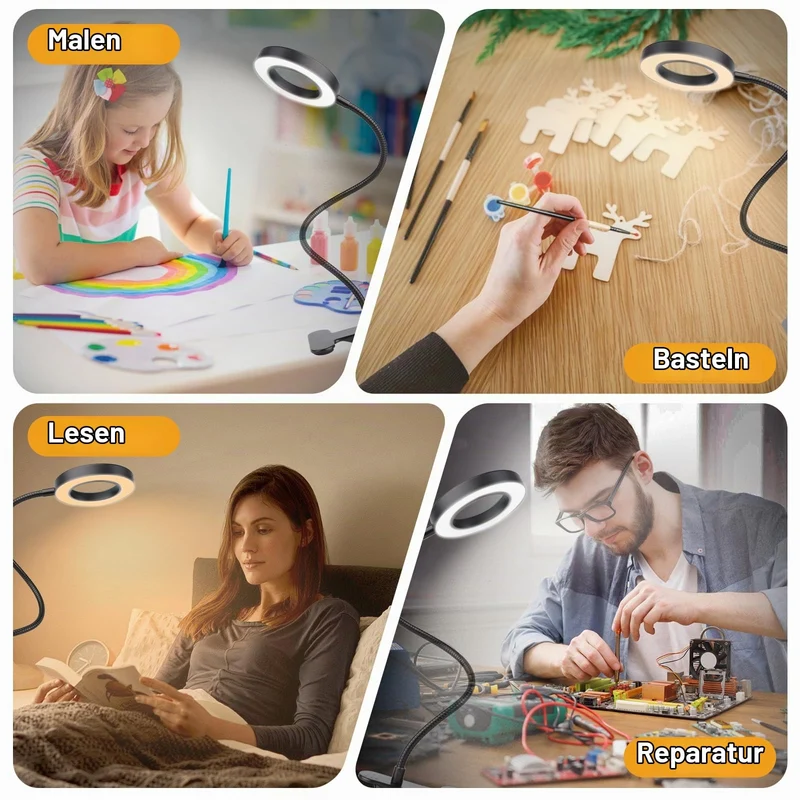 MXTIMWAN 5X Lupe mit Licht, 3 Modi & 10 Dimmstufen, Klemmleuchte für Büro Heimgebrauch, Schwanenhals Klemmlampe, für Lesen, Reisen, Schlafzimmer, Büro