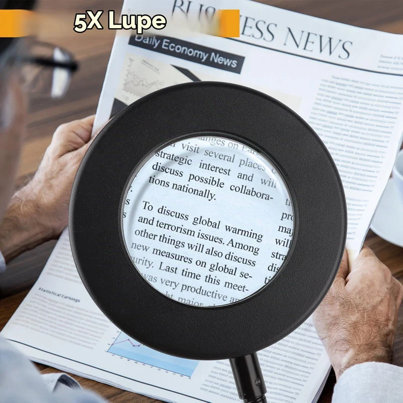 MXTIMWAN 5X Lupe mit Licht, 3 Modi & 10 Dimmstufen, Klemmleuchte für Büro Heimgebrauch, Schwanenhals Klemmlampe, für Lesen, Reisen, Schlafzimmer, Büro