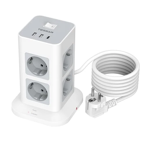 TESSAN 8 Fach Mehrfachsteckdose mit USB C, Verlängerungskabel 2M, Grau
