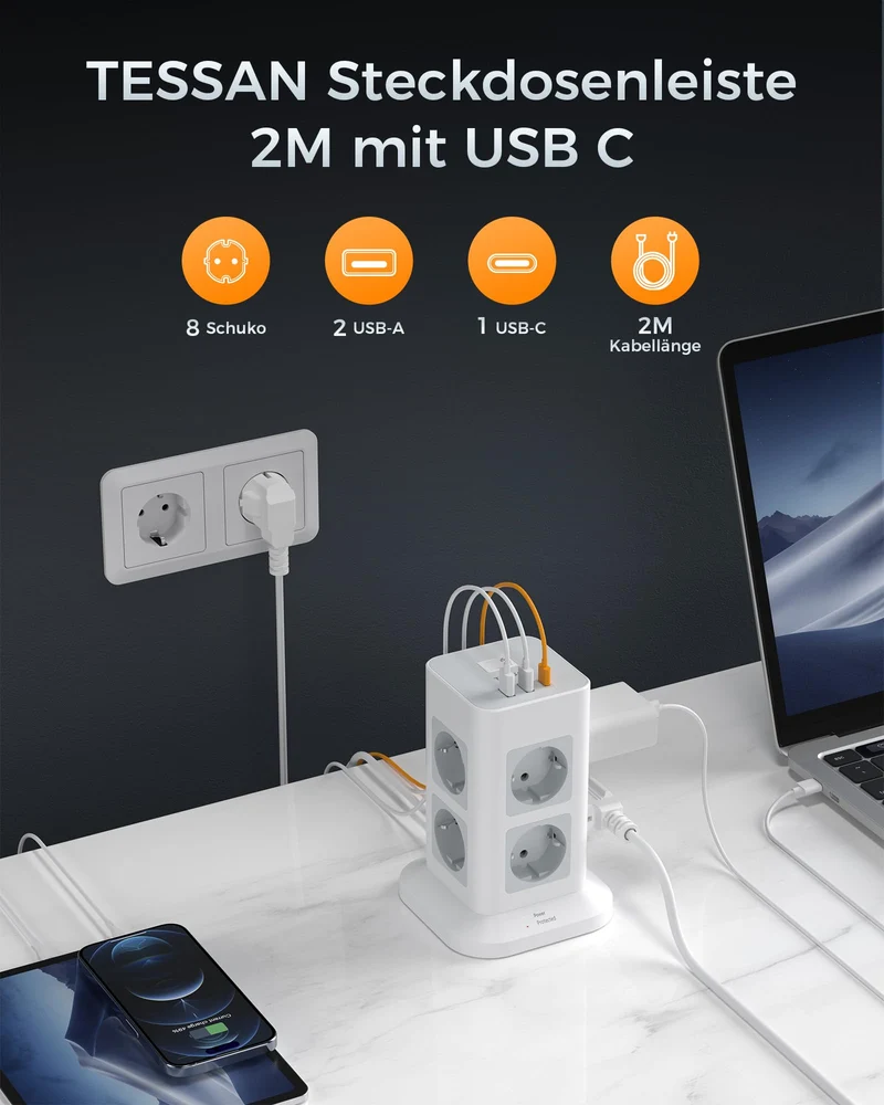 TESSAN 8 Fach Mehrfachsteckdose mit USB C, Verlängerungskabel 2M, Grau