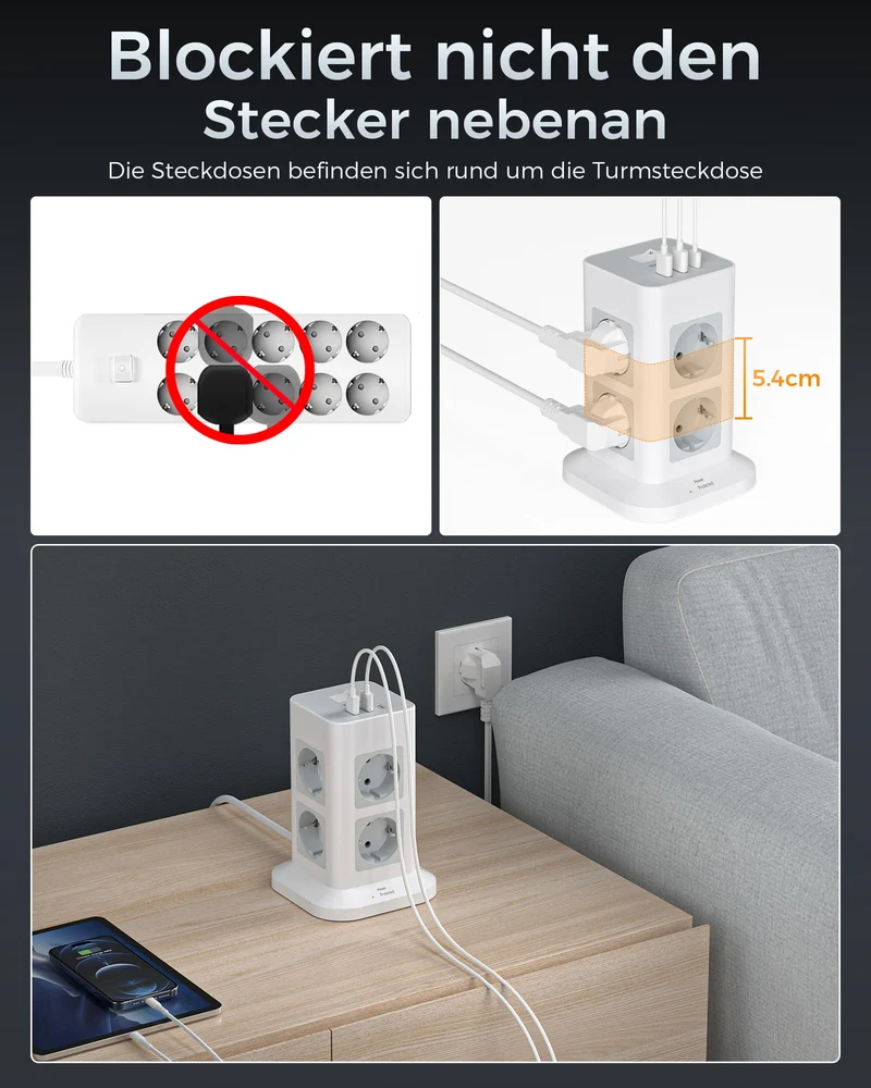 TESSAN 8 Fach Mehrfachsteckdose mit USB C, Verlängerungskabel 2M, Grau