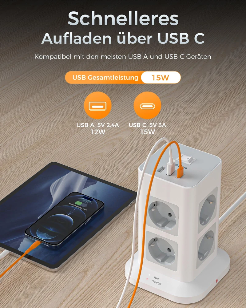 TESSAN 8 Fach Mehrfachsteckdose mit USB C, Verlängerungskabel 2M, Grau