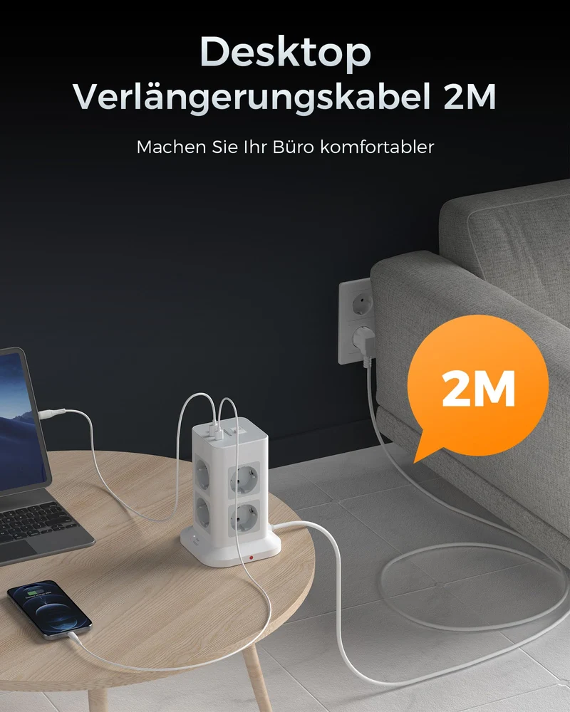 TESSAN 8 Fach Mehrfachsteckdose mit USB C, Verlängerungskabel 2M, Grau