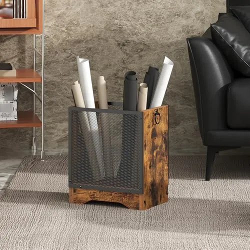HOOBRO Mülleimer im Vintage-Stil mit Drahtgitter und Spanplatten-Sockel, Rechteckiger Papierkorb für Büro, Abfalleimer mit seitlichen Griffen und Erhöhtem Sockel, Vintagebraun und Schwarz EBF06LJ01G1