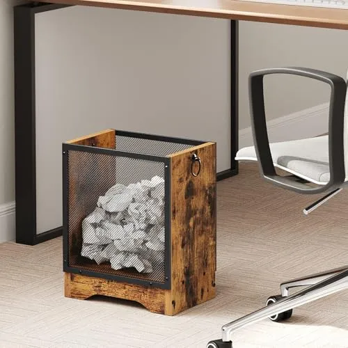 HOOBRO Mülleimer im Vintage-Stil mit Drahtgitter und Spanplatten-Sockel, Rechteckiger Papierkorb für Büro, Abfalleimer mit seitlichen Griffen und Erhöhtem Sockel, Vintagebraun und Schwarz EBF06LJ01G1