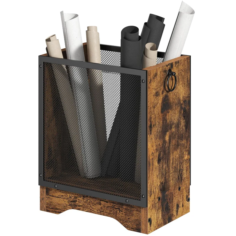 HOOBRO Mülleimer im Vintage-Stil mit Drahtgitter und Spanplatten-Sockel, Rechteckiger Papierkorb für Büro, Abfalleimer mit seitlichen Griffen und Erhöhtem Sockel, Vintagebraun und Schwarz EBF06LJ01G1