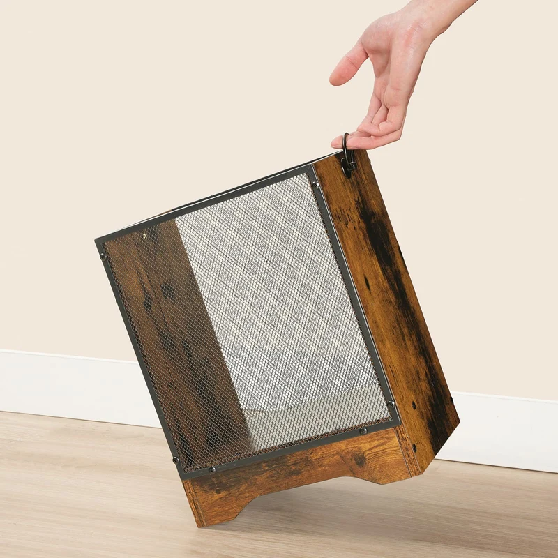 HOOBRO Mülleimer im Vintage-Stil mit Drahtgitter und Spanplatten-Sockel, Rechteckiger Papierkorb für Büro, Abfalleimer mit seitlichen Griffen und Erhöhtem Sockel, Vintagebraun und Schwarz EBF06LJ01G1