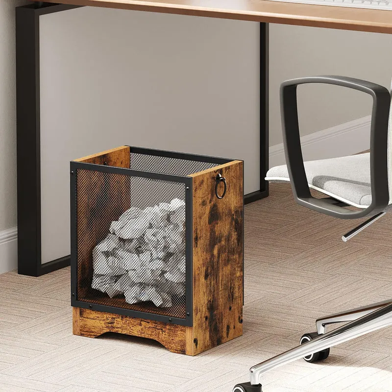 HOOBRO Mülleimer im Vintage-Stil mit Drahtgitter und Spanplatten-Sockel, Rechteckiger Papierkorb für Büro, Abfalleimer mit seitlichen Griffen und Erhöhtem Sockel, Vintagebraun und Schwarz EBF06LJ01G1
