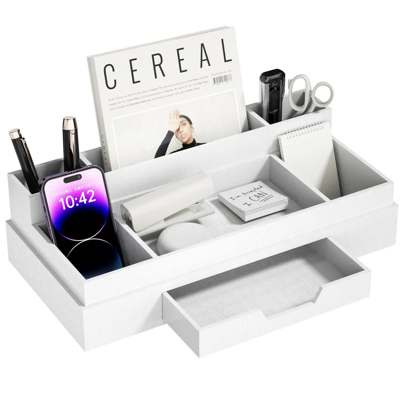JiaWei Büro Schreibtisch Organizer mit 6 Fächern & Schubladen, Multifunktionaler Stiftehalter, aus Extra Stabil Karton, Desk Organizer, ideal für Bürobedarf - Weiß