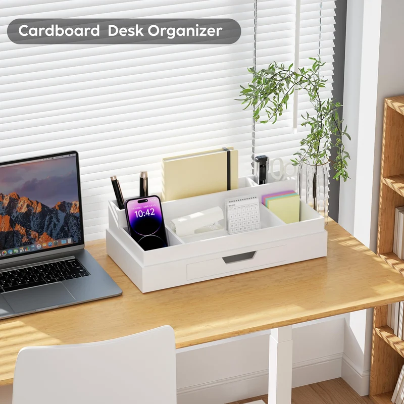 JiaWei Büro Schreibtisch Organizer mit 6 Fächern & Schubladen, Multifunktionaler Stiftehalter, aus Extra Stabil Karton, Desk Organizer, ideal für Bürobedarf - Weiß