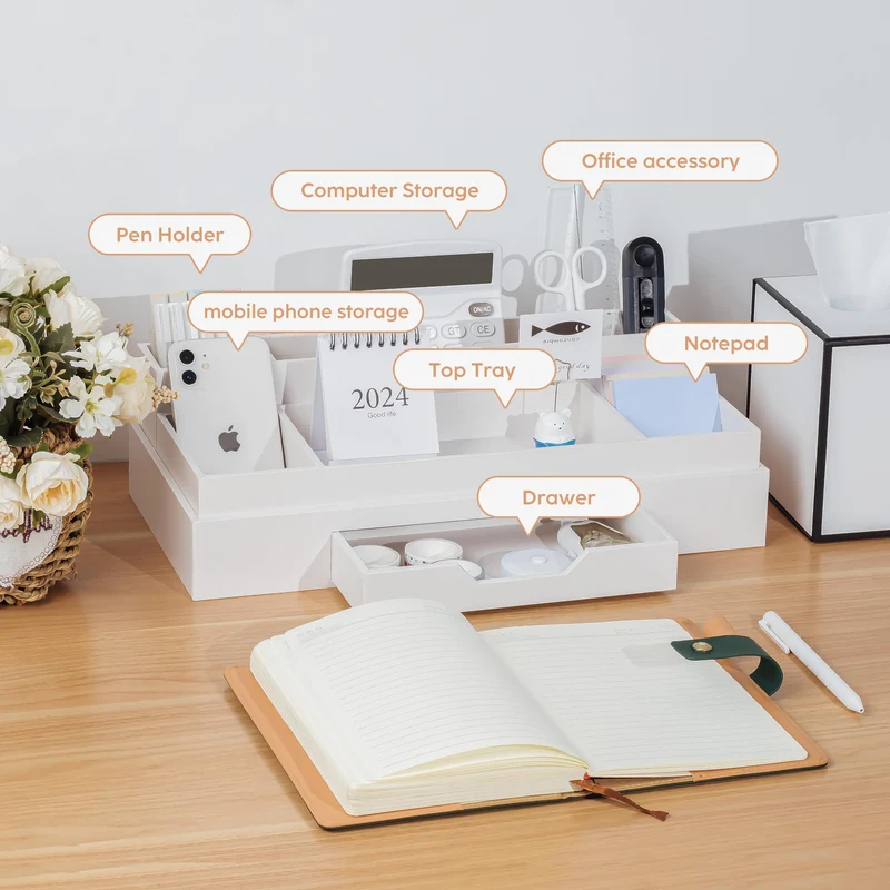 JiaWei Büro Schreibtisch Organizer mit 6 Fächern & Schubladen, Multifunktionaler Stiftehalter, aus Extra Stabil Karton, Desk Organizer, ideal für Bürobedarf - Weiß