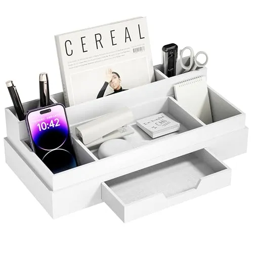 JiaWei Büro Schreibtisch Organizer mit 6 Fächern & Schubladen, Multifunktionaler Stiftehalter, aus Extra Stabil Karton, Desk Organizer, ideal für Bürobedarf - Weiß