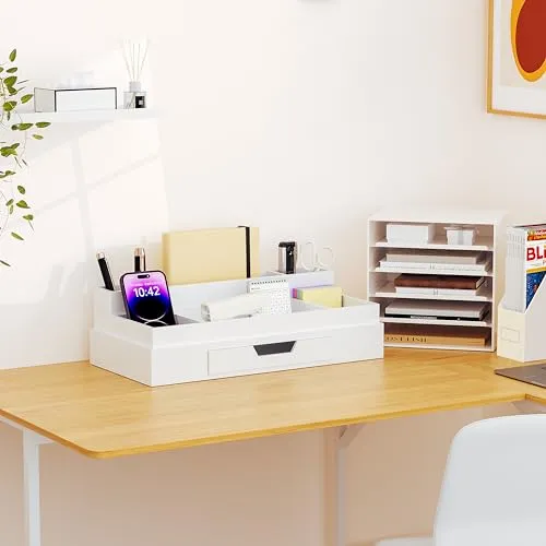 JiaWei Büro Schreibtisch Organizer mit 6 Fächern & Schubladen, Multifunktionaler Stiftehalter, aus Extra Stabil Karton, Desk Organizer, ideal für Bürobedarf - Weiß