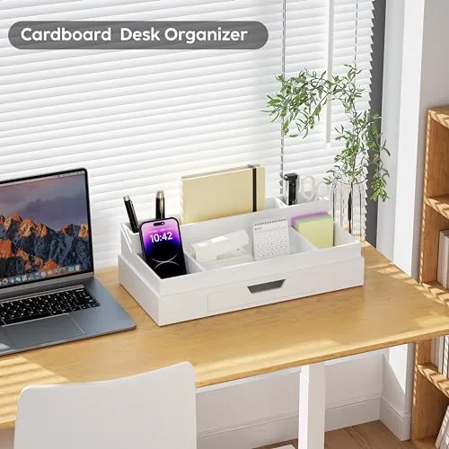 JiaWei Büro Schreibtisch Organizer mit 6 Fächern & Schubladen, Multifunktionaler Stiftehalter, aus Extra Stabil Karton, Desk Organizer, ideal für Bürobedarf - Weiß