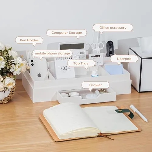 JiaWei Büro Schreibtisch Organizer mit 6 Fächern & Schubladen, Multifunktionaler Stiftehalter, aus Extra Stabil Karton, Desk Organizer, ideal für Bürobedarf - Weiß
