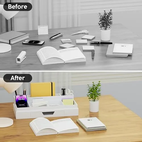 JiaWei Büro Schreibtisch Organizer mit 6 Fächern & Schubladen, Multifunktionaler Stiftehalter, aus Extra Stabil Karton, Desk Organizer, ideal für Bürobedarf - Weiß