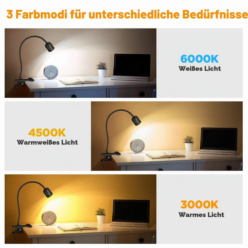 Dimmbare LED-Klemmlampe, Zoombare Leselampe Bett mit 10 Dimmstufen, 2 Stück