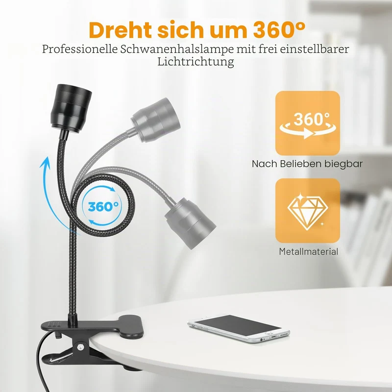 Dimmbare LED-Klemmlampe, Zoombare Leselampe Bett mit 10 Dimmstufen, 2 Stück