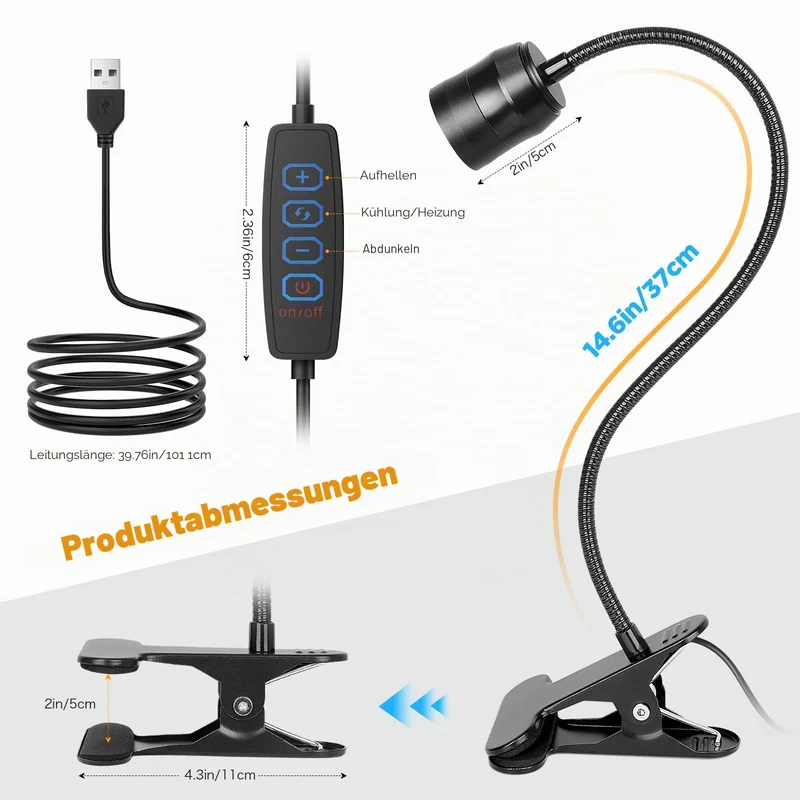Dimmbare LED-Klemmlampe, Zoombare Leselampe Bett mit 10 Dimmstufen, 2 Stück