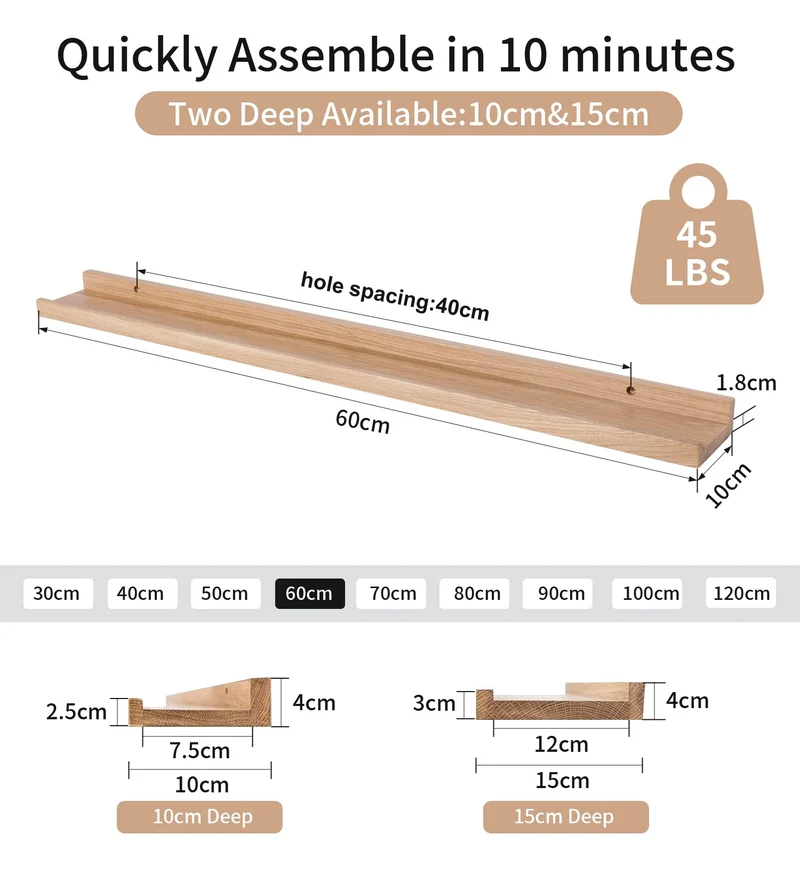 Gieanoo Bilderleiste Holz,60cm Eiche Regal Massiv Schweberegal Wandregal gewürzregal regalbrett Hängeregal Ideal für Wohnzimmer Schlafzimmer Badezimer