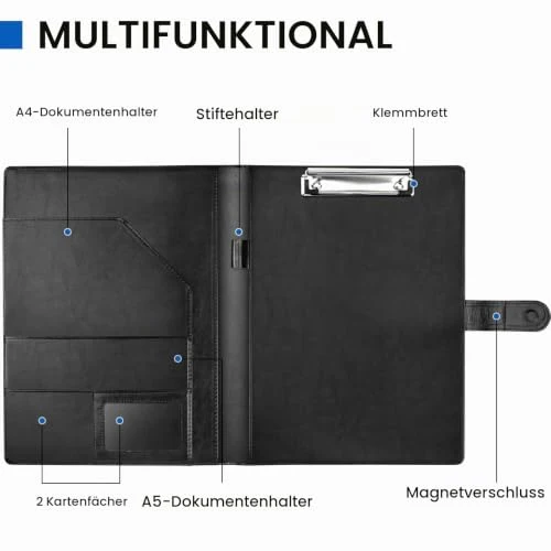 Klemmbrett Mappe A4, Schreibmappe A4, Ordner Klemmbrettmappe, Konferenzmappe aus PU-Leder, Dokumentenmappe, Portfolio Padfolio Schwarz