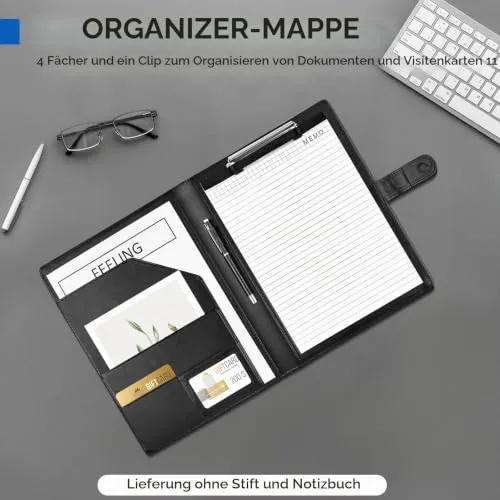 Klemmbrett Mappe A4, Schreibmappe A4, Ordner Klemmbrettmappe, Konferenzmappe aus PU-Leder, Dokumentenmappe, Portfolio Padfolio Schwarz