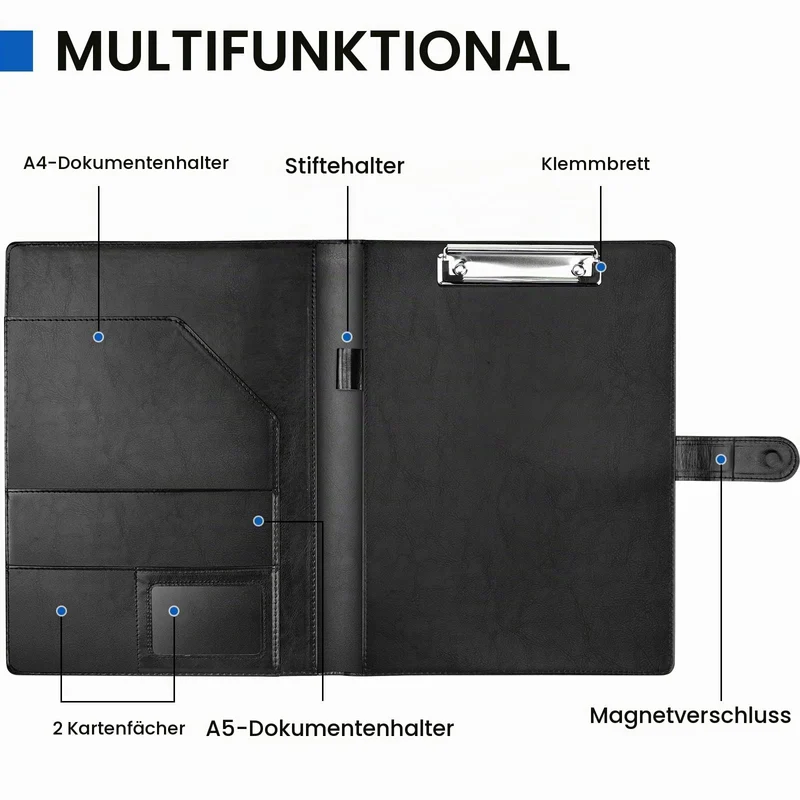 Klemmbrett Mappe A4, Schreibmappe A4, Ordner Klemmbrettmappe, Konferenzmappe aus PU-Leder, Dokumentenmappe, Portfolio Padfolio Schwarz