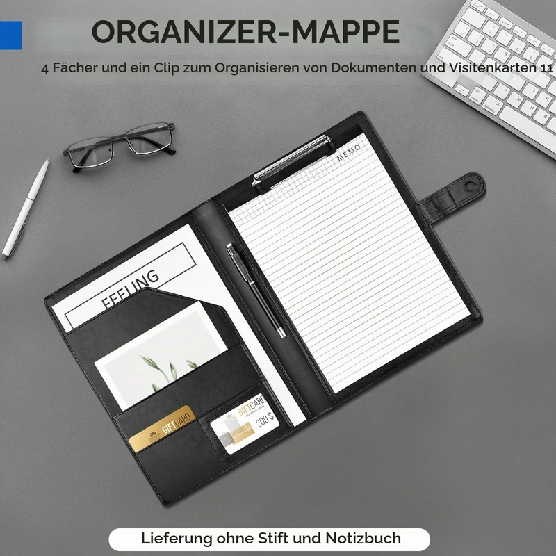 Klemmbrett Mappe A4, Schreibmappe A4, Ordner Klemmbrettmappe, Konferenzmappe aus PU-Leder, Dokumentenmappe, Portfolio Padfolio Schwarz