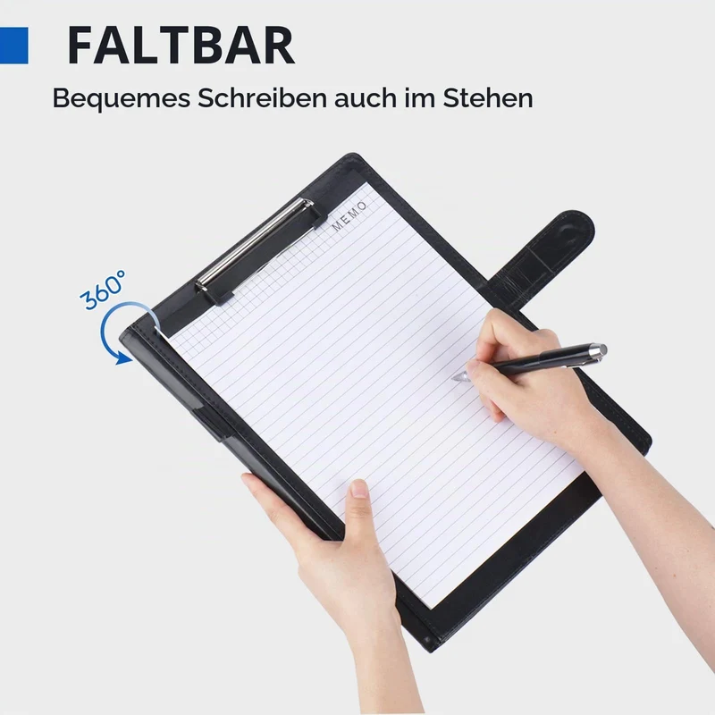 Klemmbrett Mappe A4, Schreibmappe A4, Ordner Klemmbrettmappe, Konferenzmappe aus PU-Leder, Dokumentenmappe, Portfolio Padfolio Schwarz