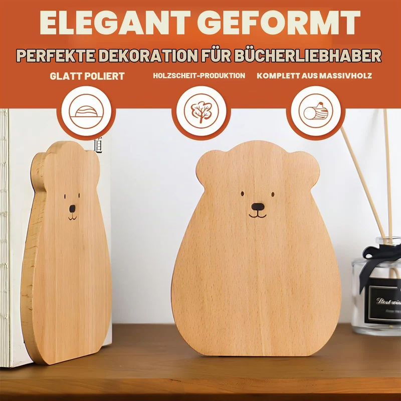 Buchstütze,1 Pair Wooden Bookends Kleiner Bär Buchstützen for Books 15 x 12 x 10.5 cm for School, Home, Office and School