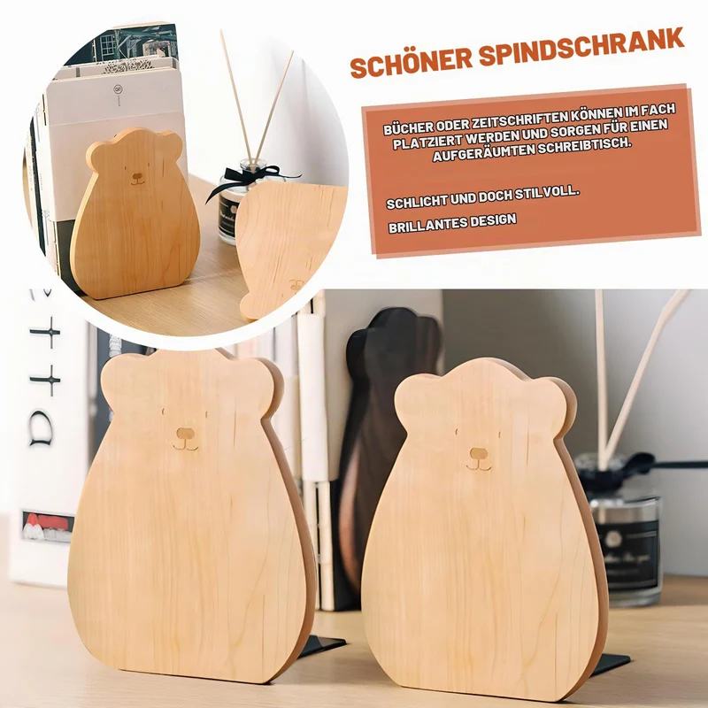 Buchstütze,1 Pair Wooden Bookends Kleiner Bär Buchstützen for Books 15 x 12 x 10.5 cm for School, Home, Office and School