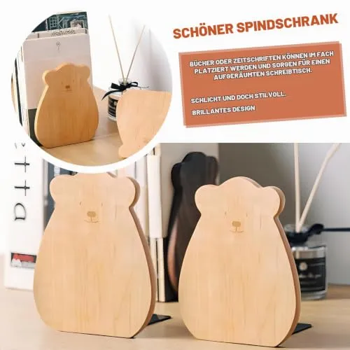 Buchstütze,1 Pair Wooden Bookends Kleiner Bär Buchstützen for Books 15 x 12 x 10.5 cm for School, Home, Office and School