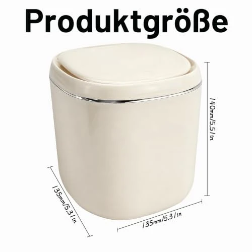 FAELNK Tischmülleimer Klein mit Deckel Aufpoppen Kosmetikeimer Cremefarben Mini Tischmülleimer 2.5L Papierkorb für Schlafzimmer Bad Büro Kosmetikeimer Aschenbecher mit 2 Rollen Müllsäcke