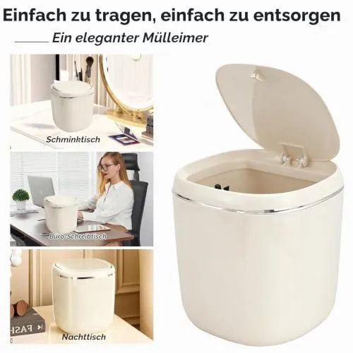 FAELNK Tischmülleimer Klein mit Deckel Aufpoppen Kosmetikeimer Cremefarben Mini Tischmülleimer 2.5L Papierkorb für Schlafzimmer Bad Büro Kosmetikeimer Aschenbecher mit 2 Rollen Müllsäcke