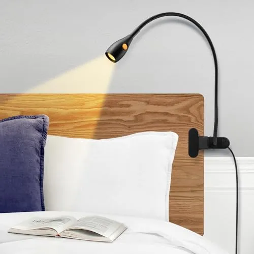 acegoo LED Leselampe Bett Klemmleuchte Vollmetall, Dimmbar Klemme Lampe, Schwarz 2 Modi 3000K/Bernstein Schwanenhals Flexible 360° USB C für Buch, Lesen, Reisen, Schlafzimmer, Büro