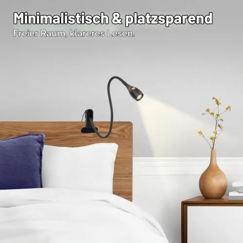 acegoo LED Leselampe Bett Klemmleuchte Vollmetall, Dimmbar Klemme Lampe, Schwarz 2 Modi 3000K/Bernstein Schwanenhals Flexible 360° USB C für Buch, Lesen, Reisen, Schlafzimmer, Büro