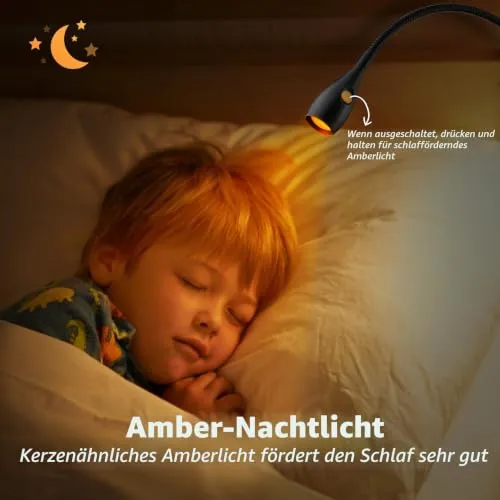 acegoo LED Leselampe Bett Klemmleuchte Vollmetall, Dimmbar Klemme Lampe, Schwarz 2 Modi 3000K/Bernstein Schwanenhals Flexible 360° USB C für Buch, Lesen, Reisen, Schlafzimmer, Büro