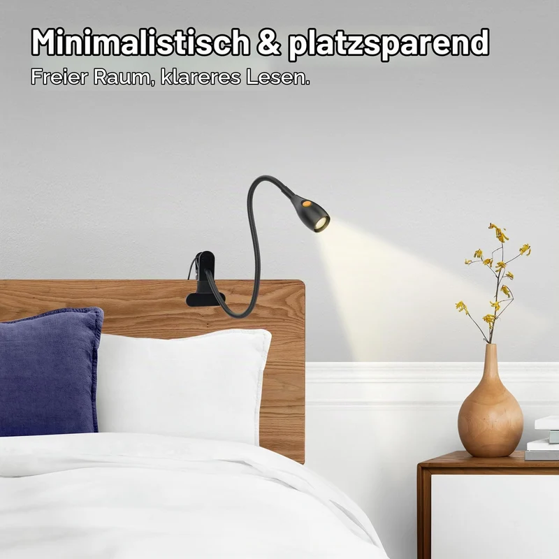 acegoo LED Leselampe Bett Klemmleuchte Vollmetall, Dimmbar Klemme Lampe, Schwarz 2 Modi 3000K/Bernstein Schwanenhals Flexible 360° USB C für Buch, Lesen, Reisen, Schlafzimmer, Büro