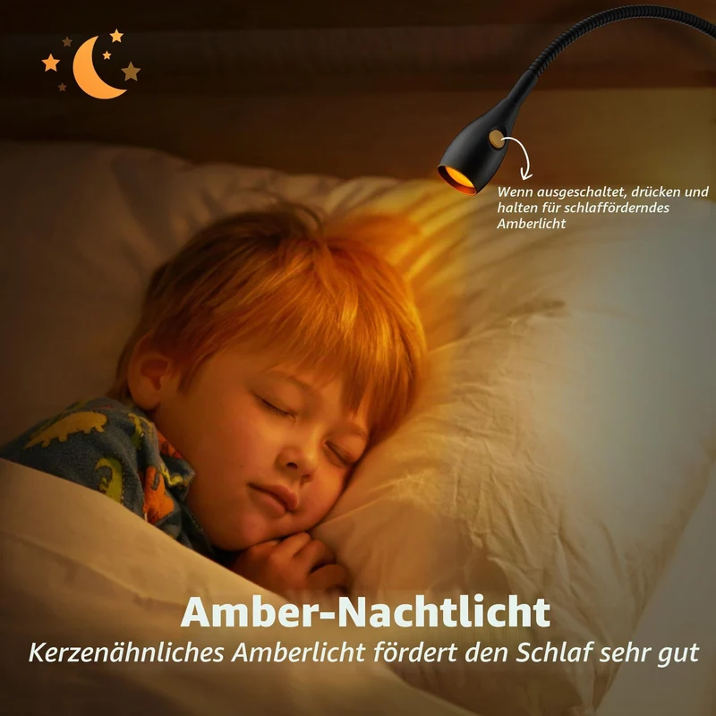 acegoo LED Leselampe Bett Klemmleuchte Vollmetall, Dimmbar Klemme Lampe, Schwarz 2 Modi 3000K/Bernstein Schwanenhals Flexible 360° USB C für Buch, Lesen, Reisen, Schlafzimmer, Büro