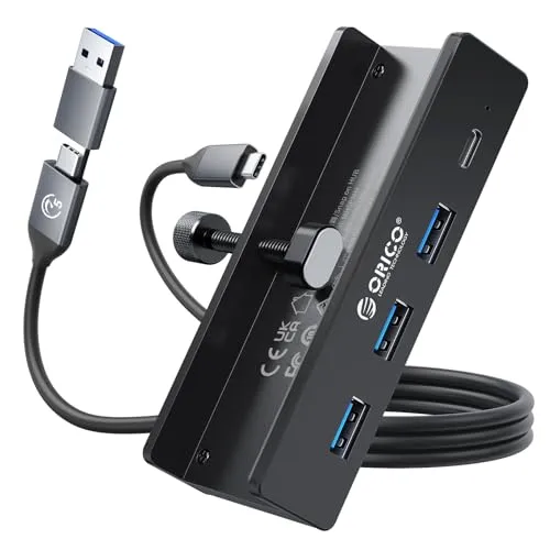 ORICO USB Hub, Aluminum USB 3.0 Hub Clip mit 5V Stromversorgungsanschluss, 5Gbps 4 Port USB Verteiler mit 3 Typ-A 3.0 und 1 Typ-C 3.0, 100cm Kabel (C auf A/C), für Monitoren, Schreibtischen