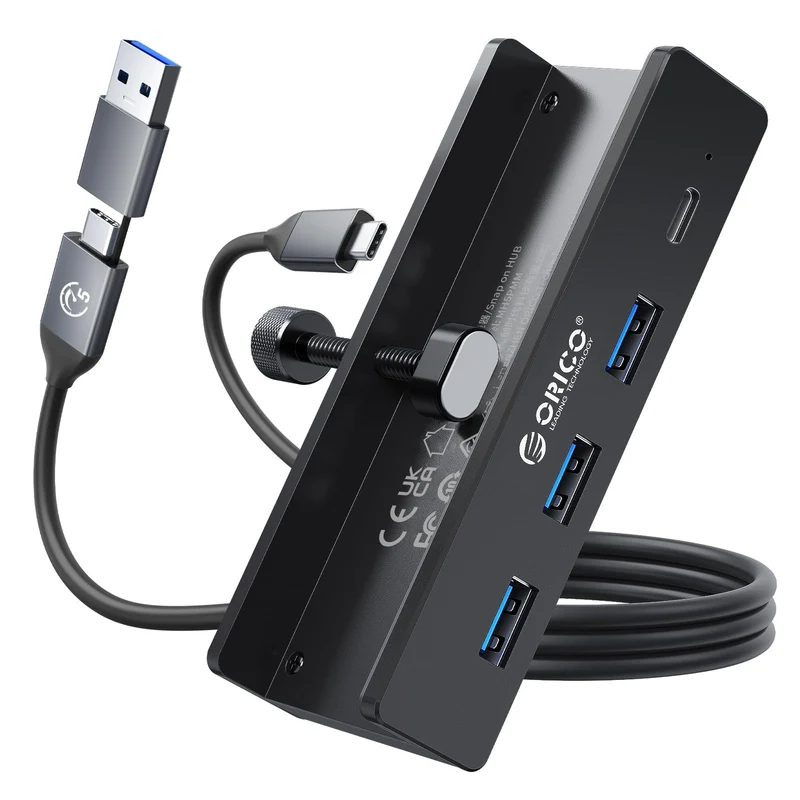 ORICO USB Hub, Aluminum USB 3.0 Hub Clip mit 5V Stromversorgungsanschluss, 5Gbps 4 Port USB Verteiler mit 3 Typ-A 3.0 und 1 Typ-C 3.0, 100cm Kabel (C auf A/C), für Monitoren, Schreibtischen