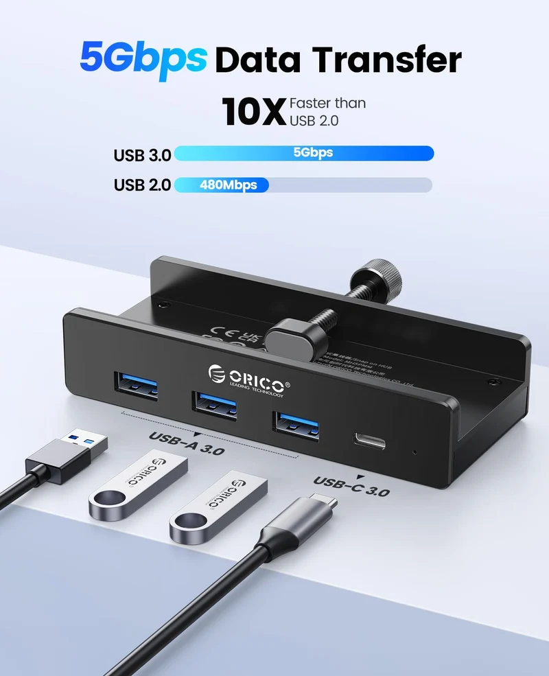 ORICO USB Hub, Aluminum USB 3.0 Hub Clip mit 5V Stromversorgungsanschluss, 5Gbps 4 Port USB Verteiler mit 3 Typ-A 3.0 und 1 Typ-C 3.0, 100cm Kabel (C auf A/C), für Monitoren, Schreibtischen