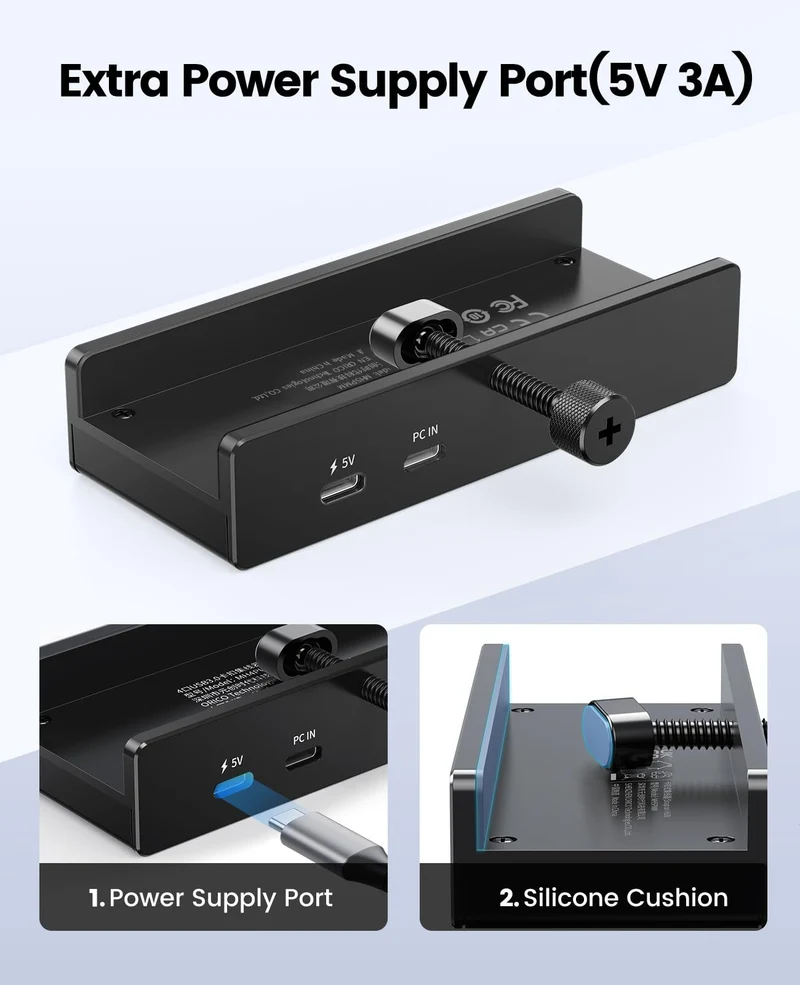 ORICO USB Hub, Aluminum USB 3.0 Hub Clip mit 5V Stromversorgungsanschluss, 5Gbps 4 Port USB Verteiler mit 3 Typ-A 3.0 und 1 Typ-C 3.0, 100cm Kabel (C auf A/C), für Monitoren, Schreibtischen
