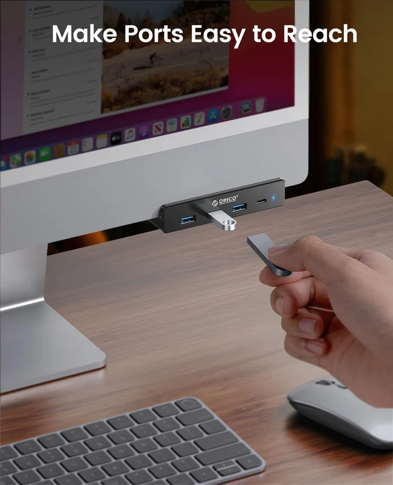 ORICO USB Hub, Aluminum USB 3.0 Hub Clip mit 5V Stromversorgungsanschluss, 5Gbps 4 Port USB Verteiler mit 3 Typ-A 3.0 und 1 Typ-C 3.0, 100cm Kabel (C auf A/C), für Monitoren, Schreibtischen