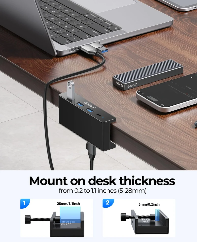 ORICO USB Hub, Aluminum USB 3.0 Hub Clip mit 5V Stromversorgungsanschluss, 5Gbps 4 Port USB Verteiler mit 3 Typ-A 3.0 und 1 Typ-C 3.0, 100cm Kabel (C auf A/C), für Monitoren, Schreibtischen