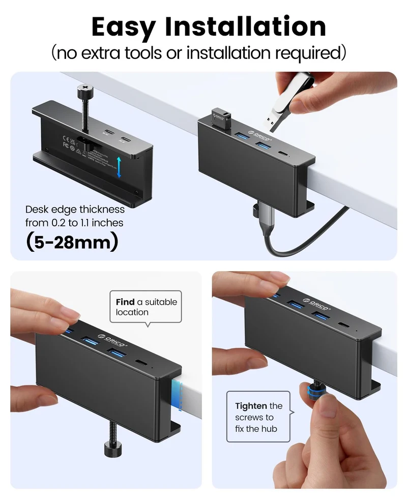 ORICO USB Hub, Aluminum USB 3.0 Hub Clip mit 5V Stromversorgungsanschluss, 5Gbps 4 Port USB Verteiler mit 3 Typ-A 3.0 und 1 Typ-C 3.0, 100cm Kabel (C auf A/C), für Monitoren, Schreibtischen
