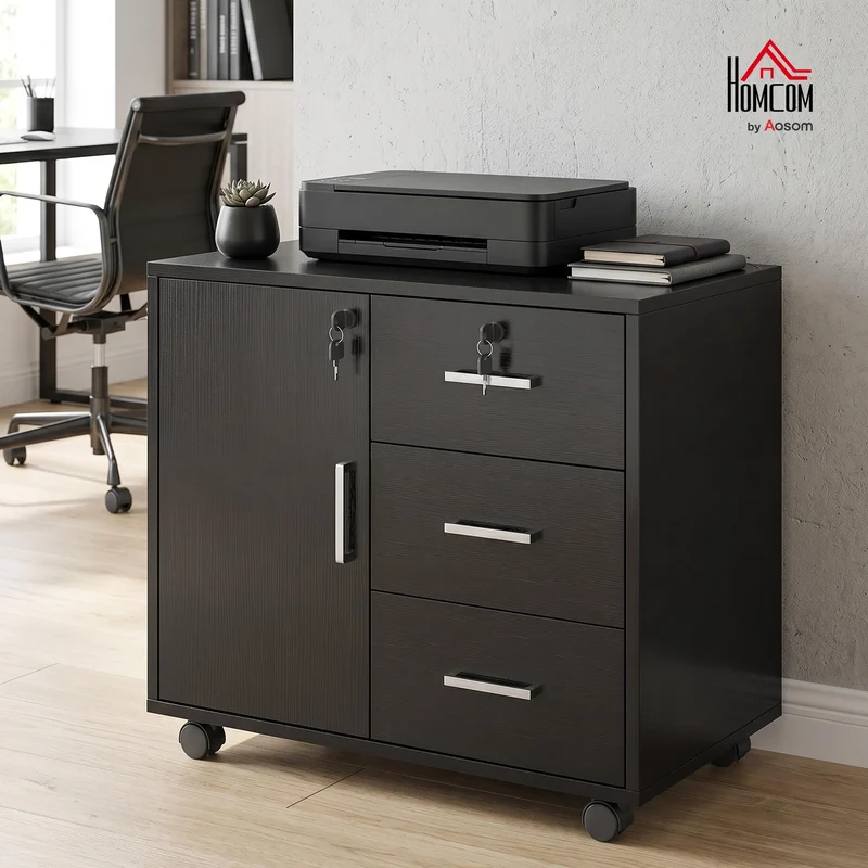 HOMCOM Abschließbarer Aktenschrank mit 3 Schubladen 40x60x56 cm Schwarz