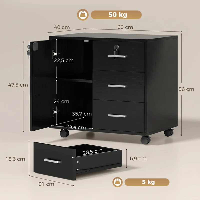 HOMCOM Abschließbarer Aktenschrank mit 3 Schubladen 40x60x56 cm Schwarz