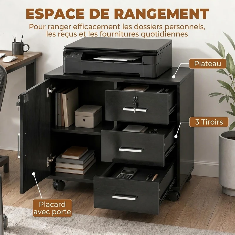 HOMCOM Abschließbarer Aktenschrank mit 3 Schubladen 40x60x56 cm Schwarz