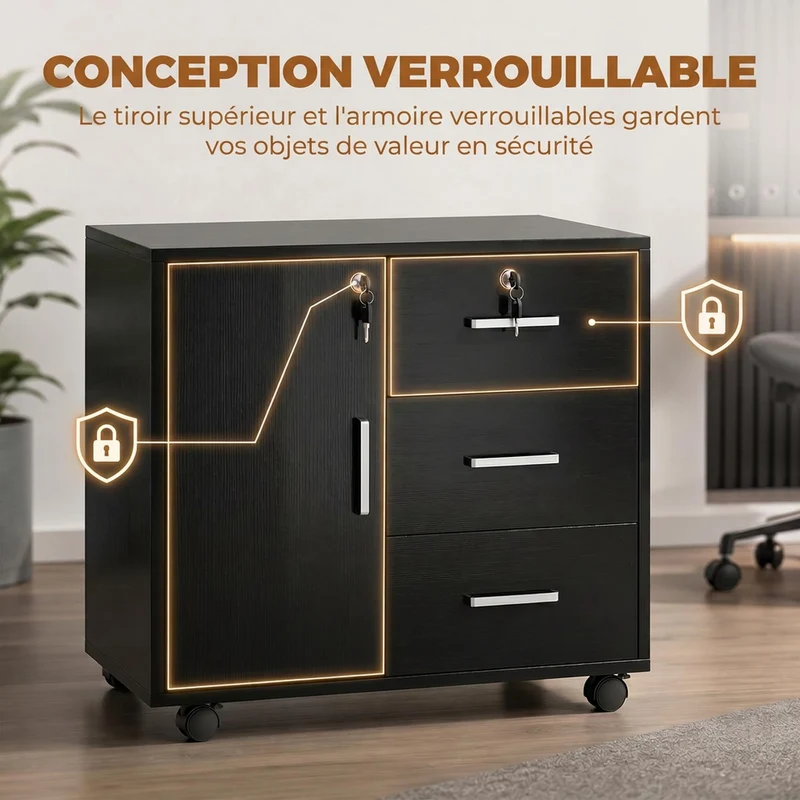 HOMCOM Abschließbarer Aktenschrank mit 3 Schubladen 40x60x56 cm Schwarz